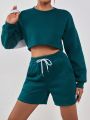 Ladies' Solid Color Cropped Sweatshirt And Drawstring Waist Shorts Set
