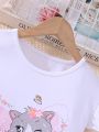 SHEIN Kids FANZEY Big Girl Fairy Cute Bow Cat T-Shirt And Mesh Skirt Set