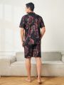 Men'S Floral Print Short Sleeve Shirt And Shorts Homewear Set