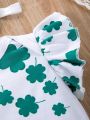 Baby Girls' 3pcs St. Patrick'S Day Four-Leaf Clover Printed Romper With Tiered Mesh Tutu Skirt And Headband, Spring/Summer