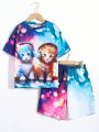 SHEIN Boys' Casual Cat Pattern Printed Round-neck Short Sleeve Top And Shorts Knitted 2pcs Outfit