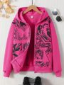 Teen Girls' Knitted Sweater Hoodie With Printed Slogan Design And Fleece Lining