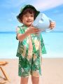 Toddler Boys' Swimwear Set With Plant Pattern Print, Woven Fabric And Matching Hat