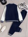 SHEIN Kids EVRYDAY Boys' Letter-patch Cool Jacket Two-piece Set For Fall/winter