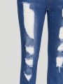 Teen Girls' Dark Wash Water Blue Ripped Skinny Jeans With Rolled Hem And Stretchy Material