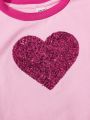 SHEIN Teen Girls' Knitted Patchwork Heart Sequin Embroidery Casual T-shirt
