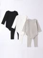 Baby Boys' Spring Fall New Casual Simple Solid Color Long Sleeve Romper And Long Pants Outfits