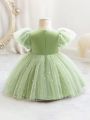Baby Girl Dobby Mesh Overlay Bow Front Butterfly Sleeve Gown Dress