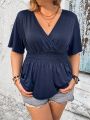 Plus Size Solid Color Shirred Gathered Waist T-Shirt