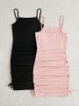 SHEIN Kids EVRYDAY Tween Girls' Knitted Solid Color Pleated Cami Dress 2pcs/set