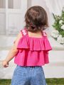 SHEIN Baby Girl's Casual & Vacation-Style Flower Patterned Cropped Top With Ruffled Hem And Wide Straps