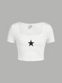 SHEIN Kids EVRYDAY Tween Girls' Knitted Star Print Slim Fit Square Neck Casual Short Sleeve T-Shirt