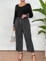 Plus Size Women'S Round Neck Long Sleeve T-Shirt And Striped Pants Set