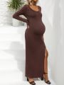 SHEIN Pregnant Women's Solid Color Pleated Split Maxi Dress