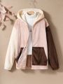 Teen Girl Color Block Drop Shoulder Hooded Flannel Jacket Without Sweater