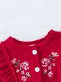 Baby Girl Floral Embroidery Ruffle Trim Flounce Sleeve Dress With Hat