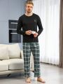 Long Sleeve Pullover Top + Plaid Pants Men'S Home Clothes Set