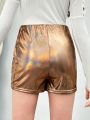 SHEIN Kids HYPEME Tween Girls' Casual And Streetwear-Inspired Loose Coated Fabric Shorts