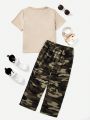 SHEIN Kids EVRYDAY Leisure Sports Camouflage Patchwork T-Shirt And Pants Set For Baby Boy