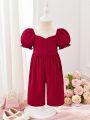 SHEIN Baby Girls' Casual Red Short Sleeve Jumpsuit With Frilled Trim And Pants