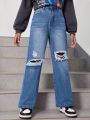 SHEIN Big Girls' Casual Ripped Design Jeans With Washed Finish