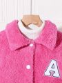 Tween Girls' Teddy Jacket With Letter Embroidery And Floral Patch Decorations