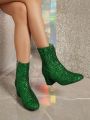 Women's Plus Size Round Toe Sequin Thick Heel Fashion Boots, Winter, Cute Low Tube Boots