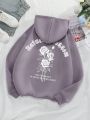 SHEIN Essnce Floral & Slogan Graphic Drawstring Thermal Lined Hoodie