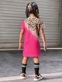 SHEIN Kids HYPEME New Arrival Toddler Girls' Leopard Print Patchwork Short Sleeve A-Line Dress With Round Neckline