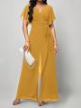 SHEIN Clasi Butterfly Sleeve Wrap Belted Wide Leg Jumpsuit
