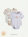Cozy Cub Baby Girl Soft Knit Floral Pattern Round Neck Short Sleeve Double-Shoulder Romper 2pcs/Set
