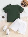 2pcs Young Boys' Button Half Placket Round Neck Short Sleeve T-Shirt And Casual Shorts Set For Summer
