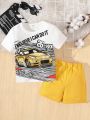 SHEIN Kids HYPEME Toddler Boys' Comfortable Casual Race Car Printed Short Sleeve Top With Solid Color Shorts Set