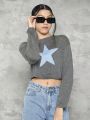 Teen Girl Star Pattern Drop Shoulder Crop Sweater