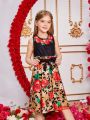 SHEIN Kids HYPEME Tween Girls' Elegant Leopard Print & Rose Patchwork Printed Dress With Belt