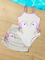 Young Girls' One-Piece Swimsuit With Cartoon Unicorn Print