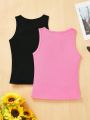 SHEIN Teen Girls' Knitted Solid Slim Fit Tank Tops, 2pcs/Set