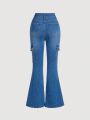 SHEIN Tween Girls' Flared Jeans With Utility Pockets