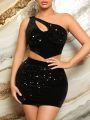 SHEIN SXY Valentine's Day/New Year'S Eve Women Suit - Gretel Style Glitter Velvet Patchwork One Shoulder Top And Skirt Set For Party