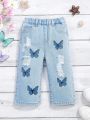Baby Girl Butterfly Printed Ripped Straight Leg Jeans