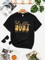 Teen Girls' Casual Streetwear 2024 New Year T-Shirt With Letter And Number Print