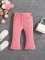 SHEIN Baby Girl's Elastic Waist Comfortable High-Waisted High-Stretch Water-Washed Soft Pink Cute Jeans Flare Pants