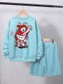 SHEIN Boys And Girls Casual Cartoon Print Pattern Round Neck Pullover Long-Sleeved Top Shorts Knitted Two-Piece Set
