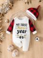 SHEIN Baby Boy Christmas Outwear Set: Checked Spliced With Letter Print And Hat