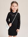 SHEIN Kids FANZEY Toddler Girls Geo Mesh Insert Mock Neck Fitted Dress