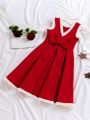 SHEIN Kids FANZEY Tween Girl's Knitted Solid Color Round Neck Fake Top Sleeveless Bow Elegant Dress