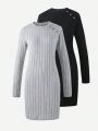 2pcs/set Teenage Girls' Round Neck Long Sleeve Sweater Dress, Knitted Waffle Fleece Material, Spring