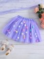 1pc Purple Mesh Skirt With Colorful Pom-pom For Girls' Cute Street-style Casual Look, Summer