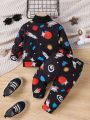 Baby Boy And Child Simple Stand Collar Fashionable Planet Print Sweatshirt And Sweatpants Suit