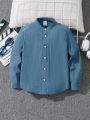 SHEIN Kids EVRYDAY Little Boys' Casual Loose Fit Solid Color Mandarin Collar Long Sleeve Shirt